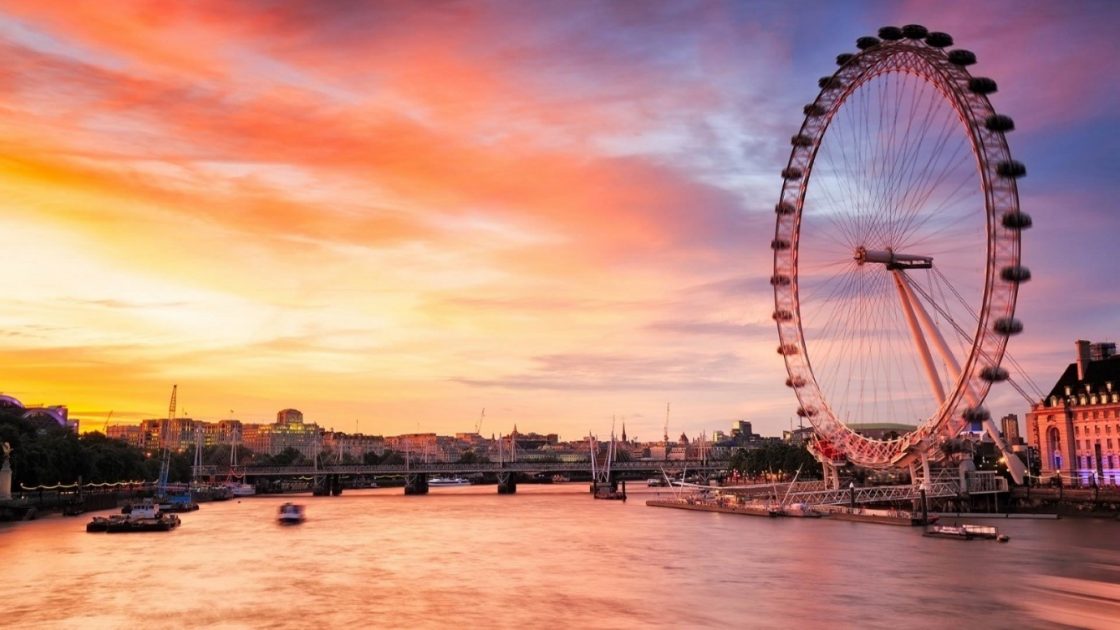 The London Eye and River Thames at sunset.